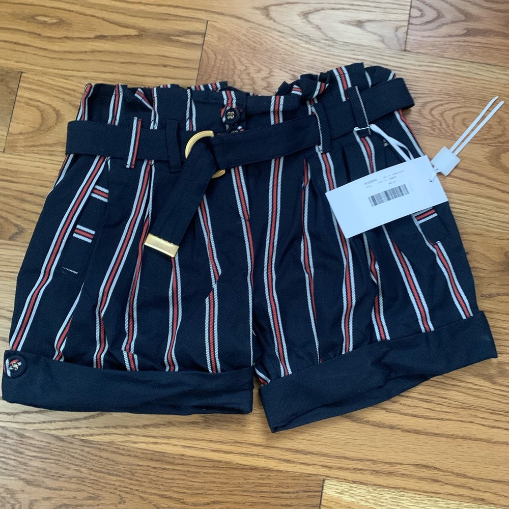 High Waist Striped Shorts - Navy ground with red and white stripe. Side pockets.